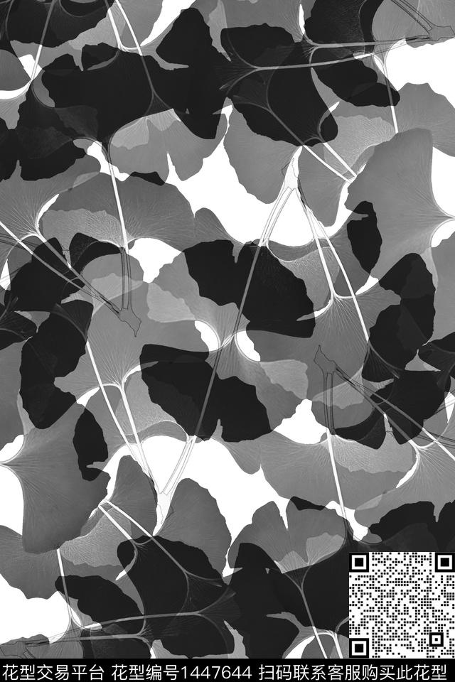黑白华亿平台绿植树叶花卉数码印花华亿平台下载（图片编号: 1447644） - 瓦栏（Walan）