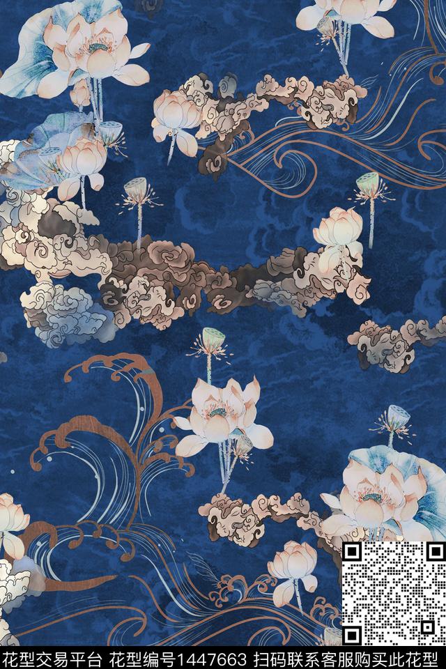 中国风真丝荷花数码印花华亿平台下载（图片编号: 1447663） - 瓦栏（Walan）