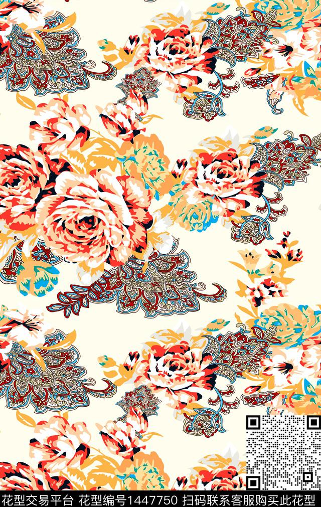 手绘大花牡丹云彩花数码印花华亿平台下载（图片编号: 1447750） - 瓦栏（Walan）