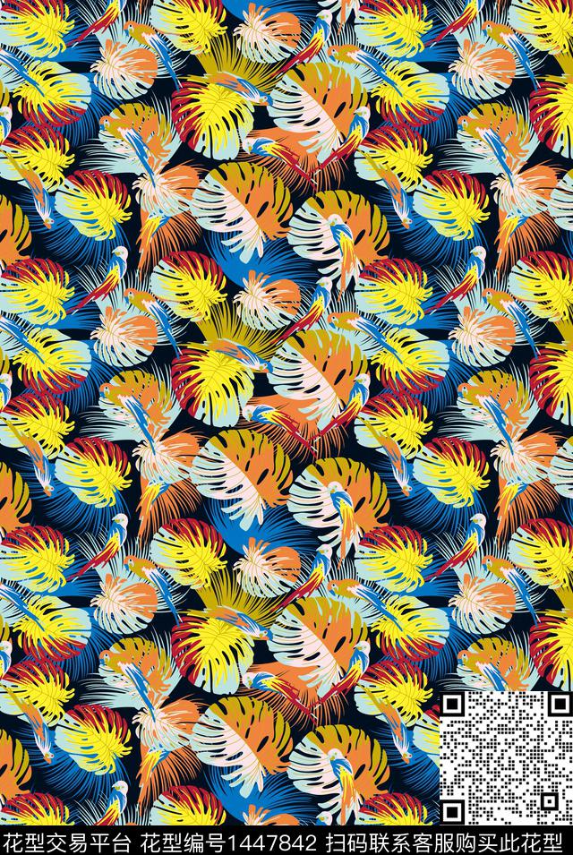 花鸟棕榈树彩色渐变扎染数码印花华亿平台下载（图片编号: 1447842） - 瓦栏（Walan）