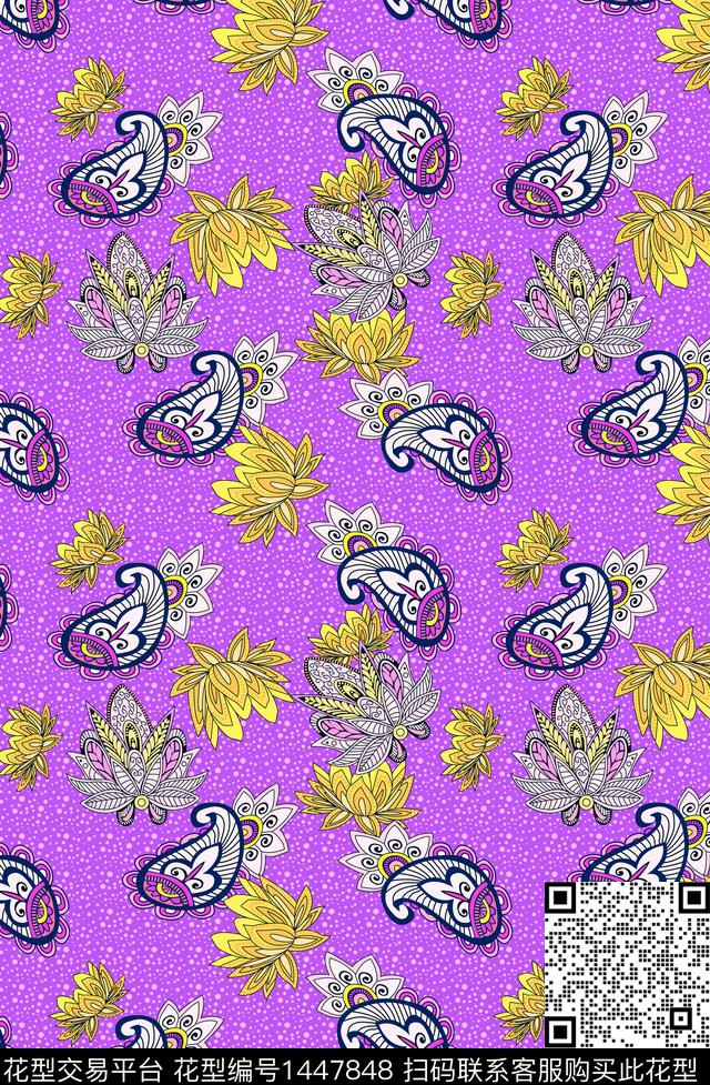 花卉佩斯利彩色花朵数码印花华亿平台下载（图片编号: 1447848） - 瓦栏（Walan）
