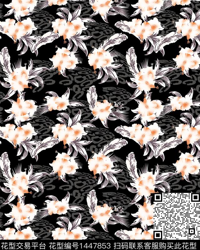 底纹手绘大花花卉数码印花华亿平台下载（图片编号: 1447853） - 瓦栏（Walan）