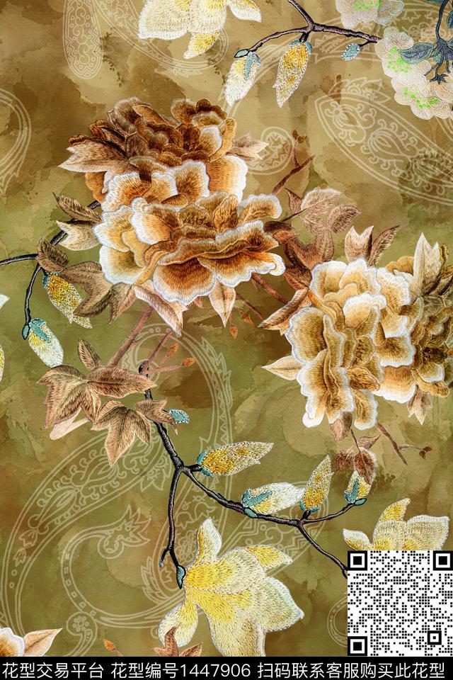 花卉绣花华亿平台真丝数码印花华亿平台下载（图片编号: 1447906） - 瓦栏（Walan）