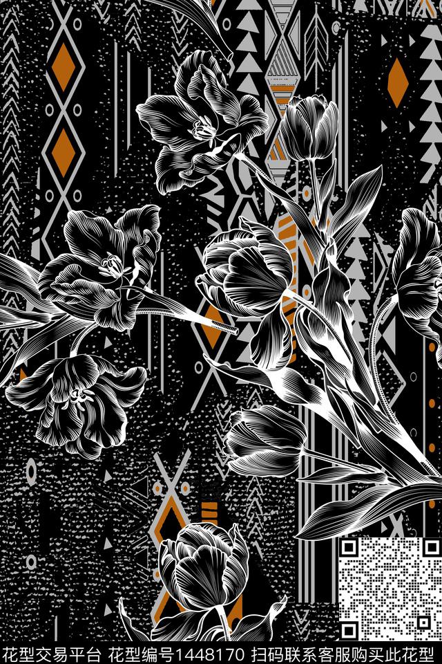 花卉民族风审数码印花华亿平台下载（图片编号: 1448170） - 瓦栏（Walan）