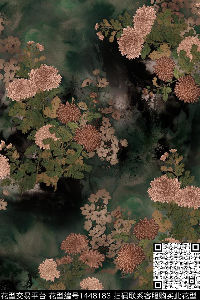 花卉抽象中国风数码印花华亿平台下载（图片编号: 1448183） - 瓦栏（Walan）