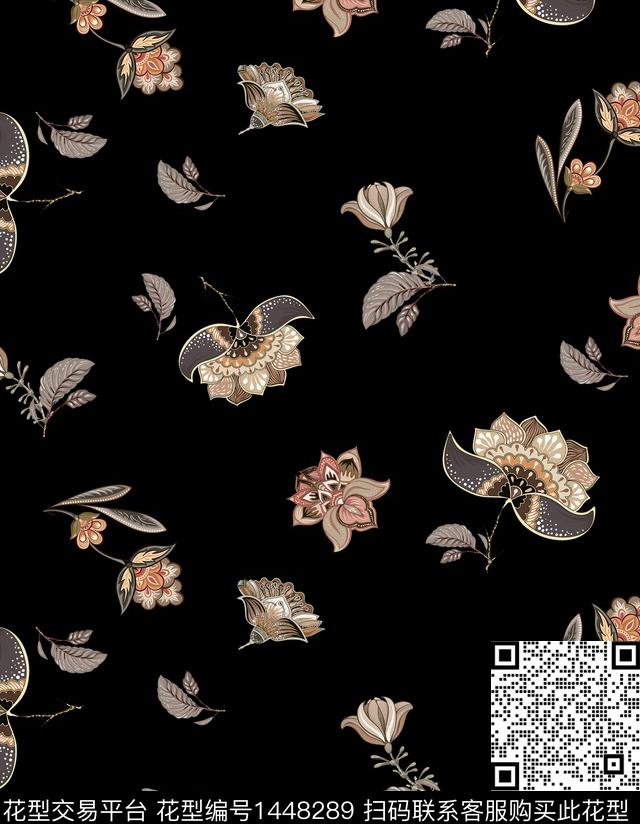 复古花卉黑底花卉传统印花华亿平台下载（图片编号: 1448289） - 瓦栏（Walan）