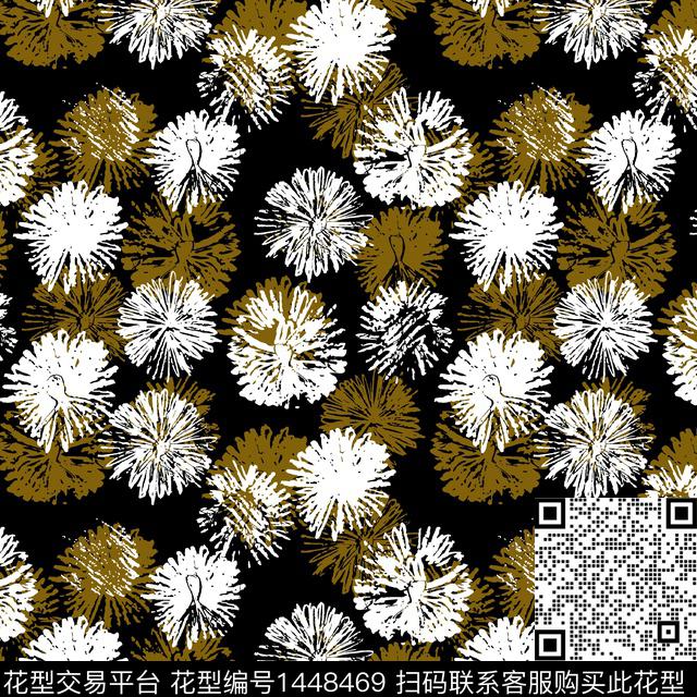 黑底花卉笔触大牌风传统印花华亿平台下载（图片编号: 1448469） - 瓦栏（Walan）
