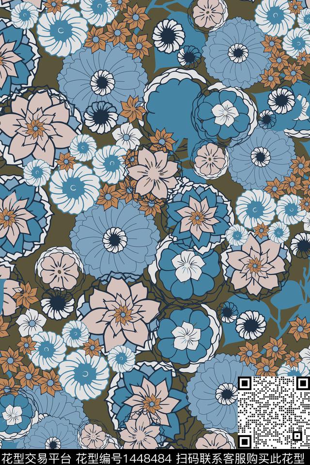 复古花卉香云纱数码印花华亿平台下载（图片编号: 1448484） - 瓦栏（Walan）