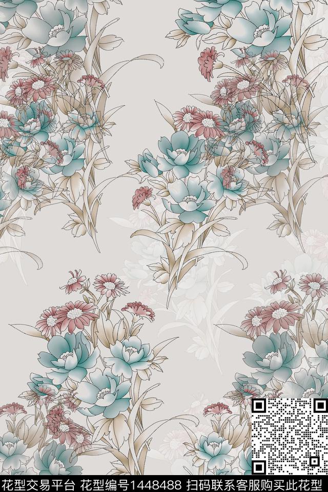 复古花卉香云纱数码印花华亿平台下载（图片编号: 1448488） - 瓦栏（Walan）