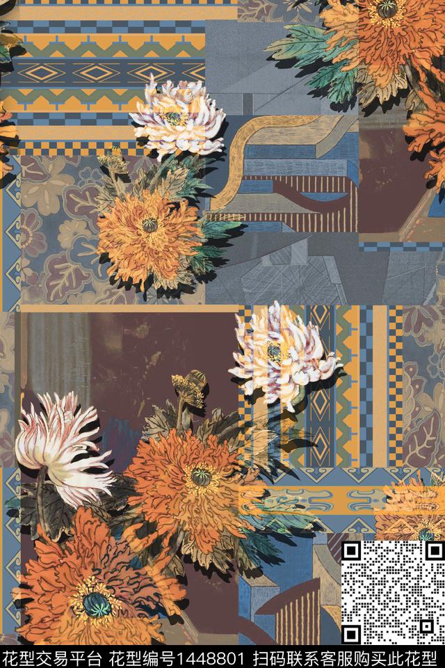 真丝民族风几何拼贴华亿平台数码印花华亿平台下载（图片编号: 1448801） - 瓦栏（Walan）