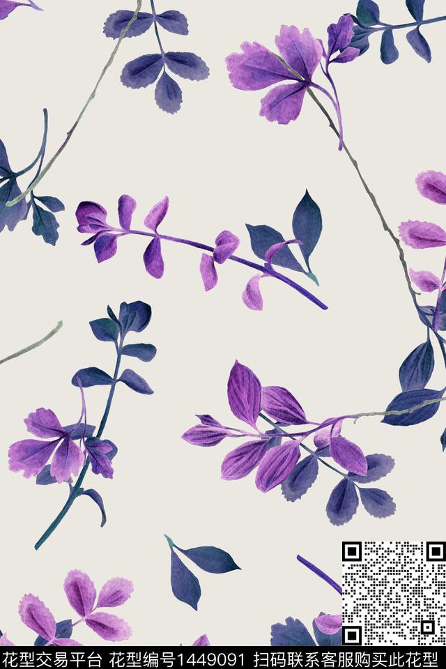 绿植树叶手绘配饰数码印花华亿平台下载（图片编号: 1449091） - 瓦栏（Walan）