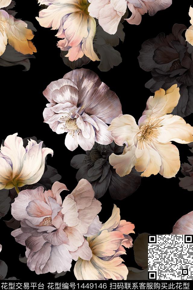 黑底花卉花卉大牌风数码印花华亿平台下载（图片编号: 1449146） - 瓦栏（Walan）