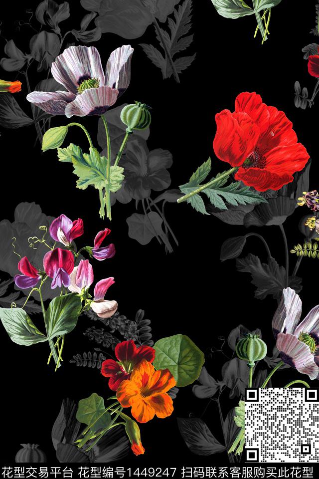 时尚花卉真丝数码印花华亿平台下载（图片编号: 1449247） - 瓦栏（Walan）