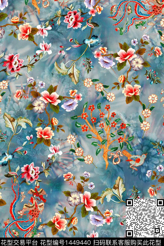 花卉满版散花香云纱数码印花华亿平台下载（图片编号: 1449440） - 瓦栏（Walan）