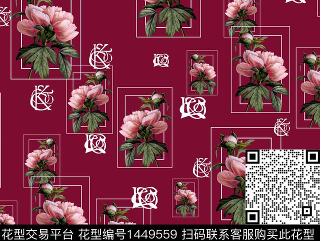 花卉方框酒红底数码印花华亿平台下载（图片编号: 1449559） - 瓦栏（Walan）