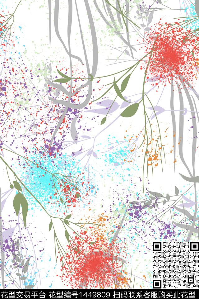 抽象花卉清爽底花卉大牌风数码印花华亿平台下载（图片编号: 1449809） - 瓦栏（Walan）