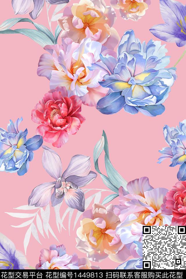 水彩花卉大牌风数码印花华亿平台下载（图片编号: 1449813） - 瓦栏（Walan）