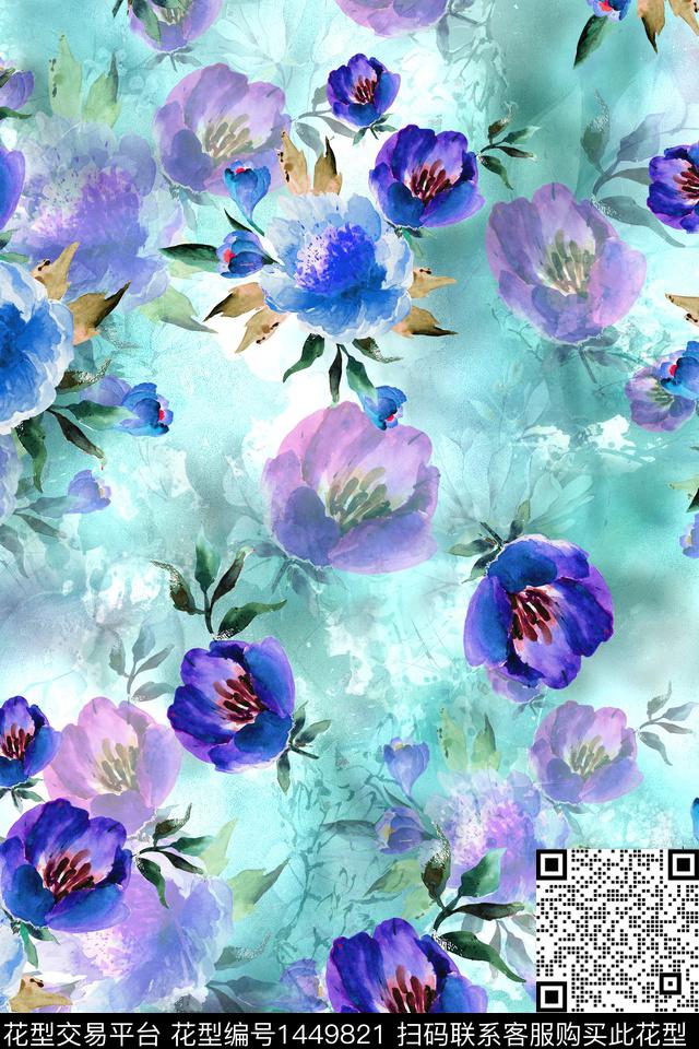 时尚花卉真丝数码印花华亿平台下载（图片编号: 1449821） - 瓦栏（Walan）