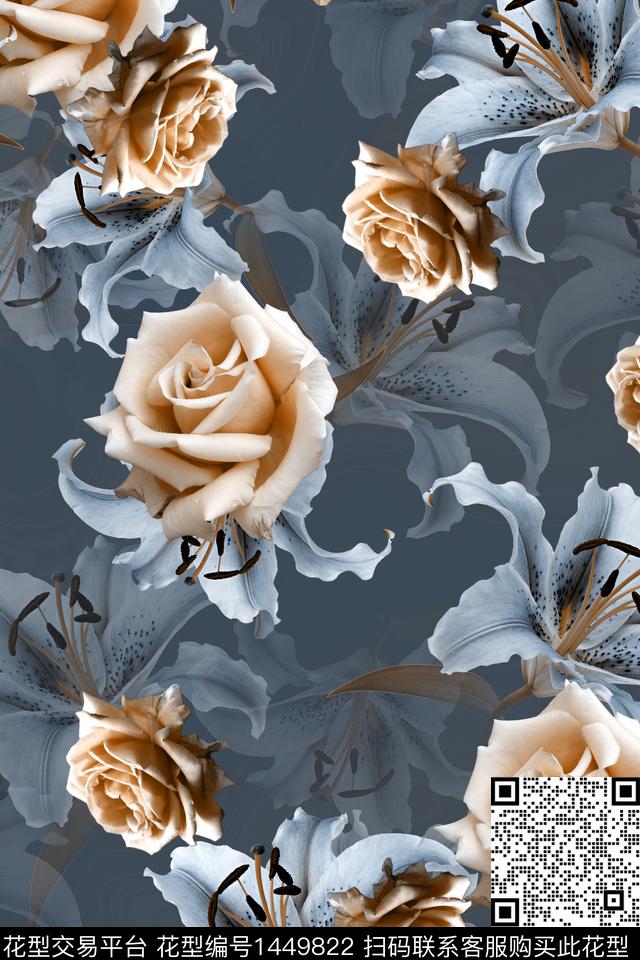 时尚花卉真丝数码印花华亿平台下载（图片编号: 1449822） - 瓦栏（Walan）