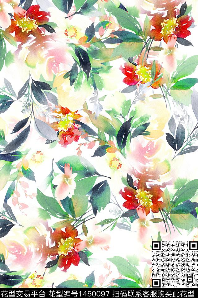 绿植树叶清爽底花卉花卉数码印花华亿平台下载（图片编号: 1450097） - 瓦栏（Walan）