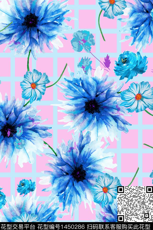 格子蓝色几何花卉数码印花华亿平台下载（图片编号: 1450286） - 瓦栏（Walan）