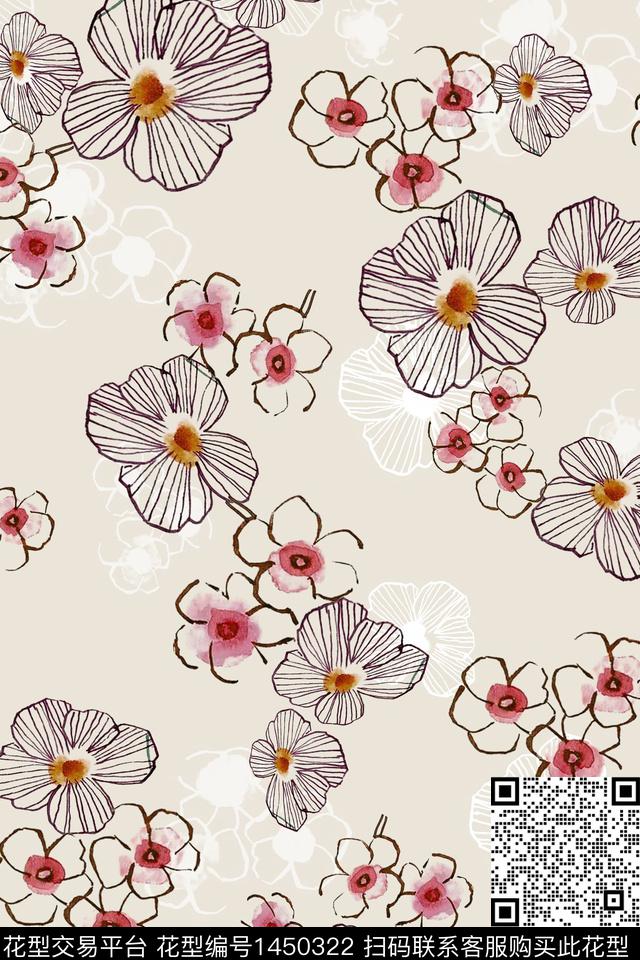 线条几何抽象花卉数码印花华亿平台下载（图片编号: 1450322） - 瓦栏（Walan）