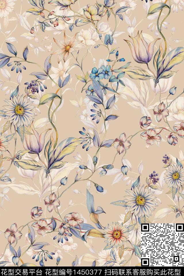 清爽底花卉花卉大牌风数码印花华亿平台下载（图片编号: 1450377） - 瓦栏（Walan）