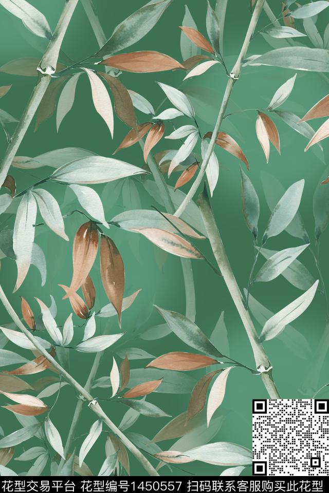 水彩绿植树叶大牌风数码印花华亿平台下载（图片编号: 1450557） - 瓦栏（Walan）