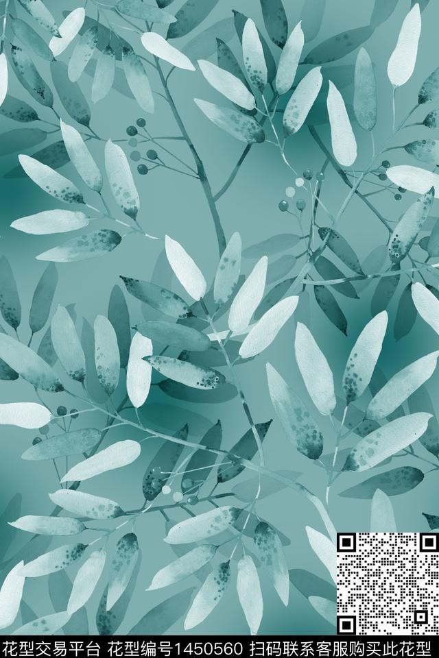 水彩绿植树叶旗袍数码印花华亿平台下载（图片编号: 1450560） - 瓦栏（Walan）