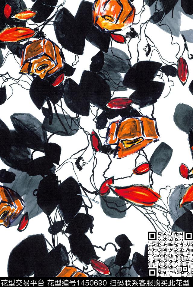 水墨风花卉抽象数码印花华亿平台下载（图片编号: 1450690） - 瓦栏（Walan）