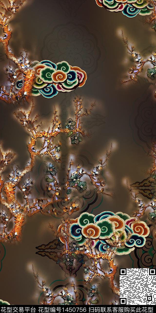 祥云树枝中国风定位花数码印花华亿平台下载（图片编号: 1450756） - 瓦栏（Walan）