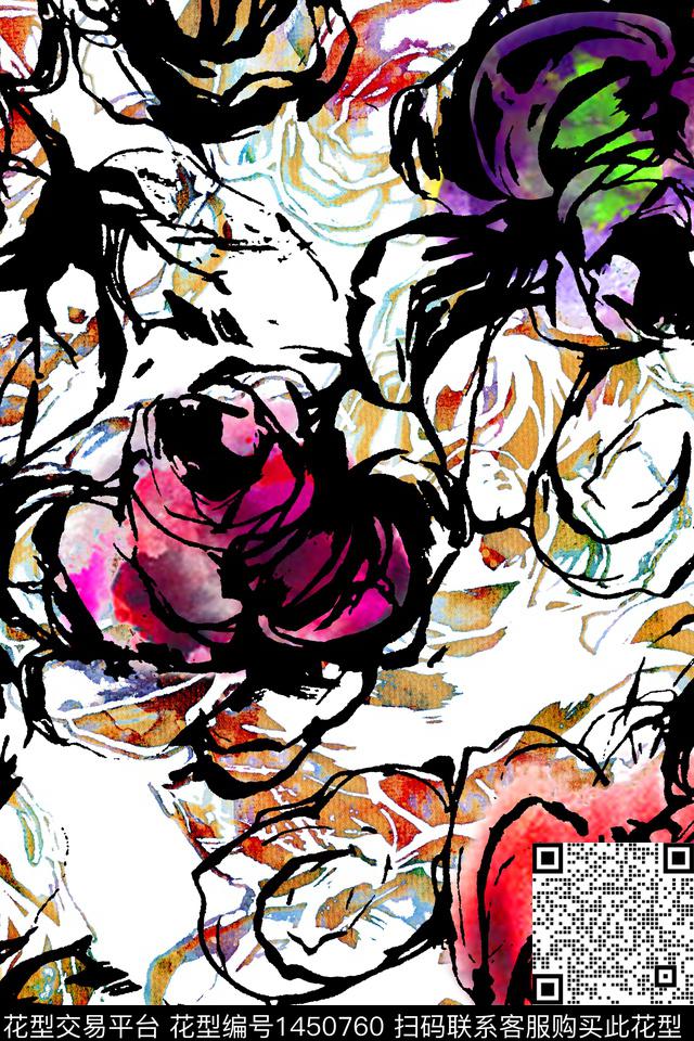 手绘花卉抽象数码印花华亿平台下载（图片编号: 1450760） - 瓦栏（Walan）