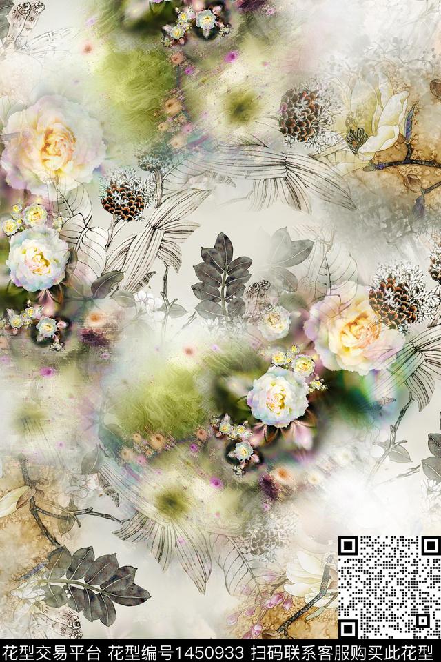 复古花卉香云纱数码印花华亿平台下载（图片编号: 1450933） - 瓦栏（Walan）