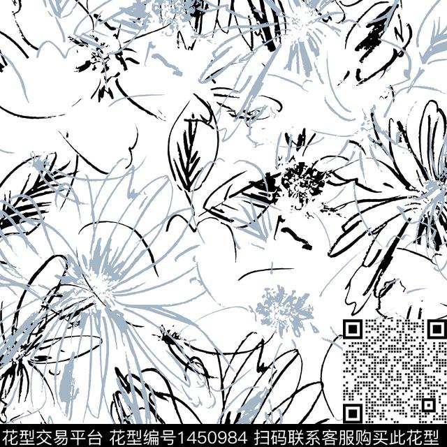 线条画黑白华亿平台抽象花卉数码印花华亿平台下载（图片编号: 1450984） - 瓦栏（Walan）