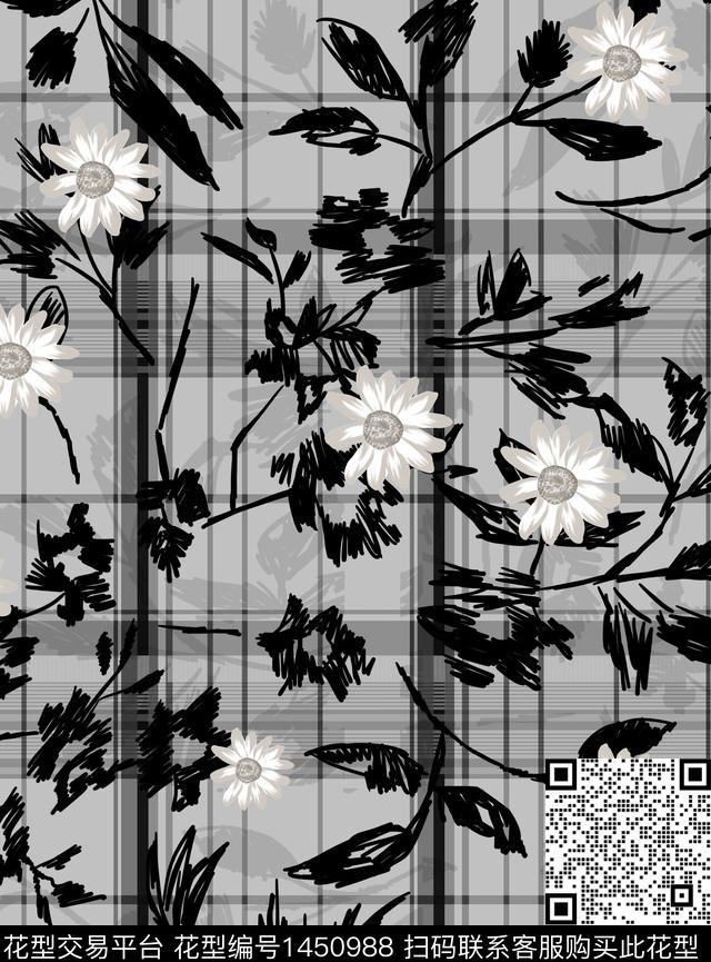 格子水墨风花卉数码印花华亿平台下载（图片编号: 1450988） - 瓦栏（Walan）