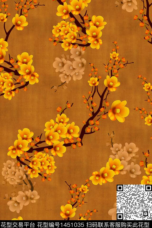 中国风花卉旗袍数码印花华亿平台下载（图片编号: 1451035） - 瓦栏（Walan）