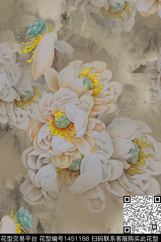 花卉大牌风香云纱数码印花华亿平台下载（图片编号: 1451188） - 瓦栏（Walan）