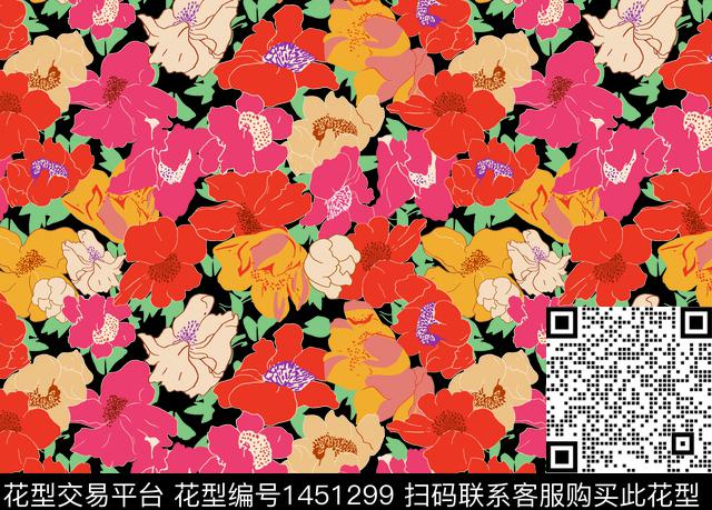 数码华亿平台黑底花卉数码印花华亿平台下载（图片编号: 1451299） - 瓦栏（Walan）