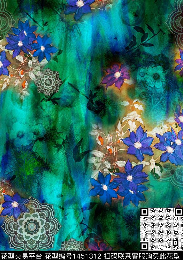 花卉香云纱抽象数码印花华亿平台下载（图片编号: 1451312） - 瓦栏（Walan）