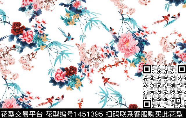 花卉牡丹喜鹊数码印花华亿平台下载（图片编号: 1451395） - 瓦栏（Walan）