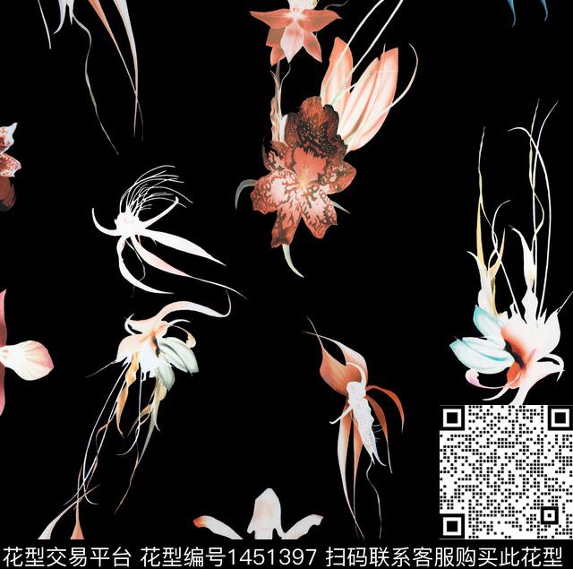 花卉抽象黑底花卉数码印花华亿平台下载（图片编号: 1451397） - 瓦栏（Walan）