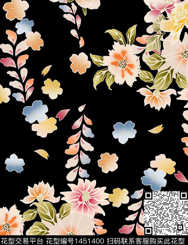 花卉黑底花卉数码印花华亿平台下载（图片编号: 1451400） - 瓦栏（Walan）
