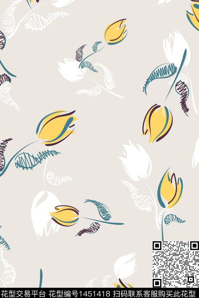 花卉郁金香配饰传统印花华亿平台下载（图片编号: 1451418） - 瓦栏（Walan）
