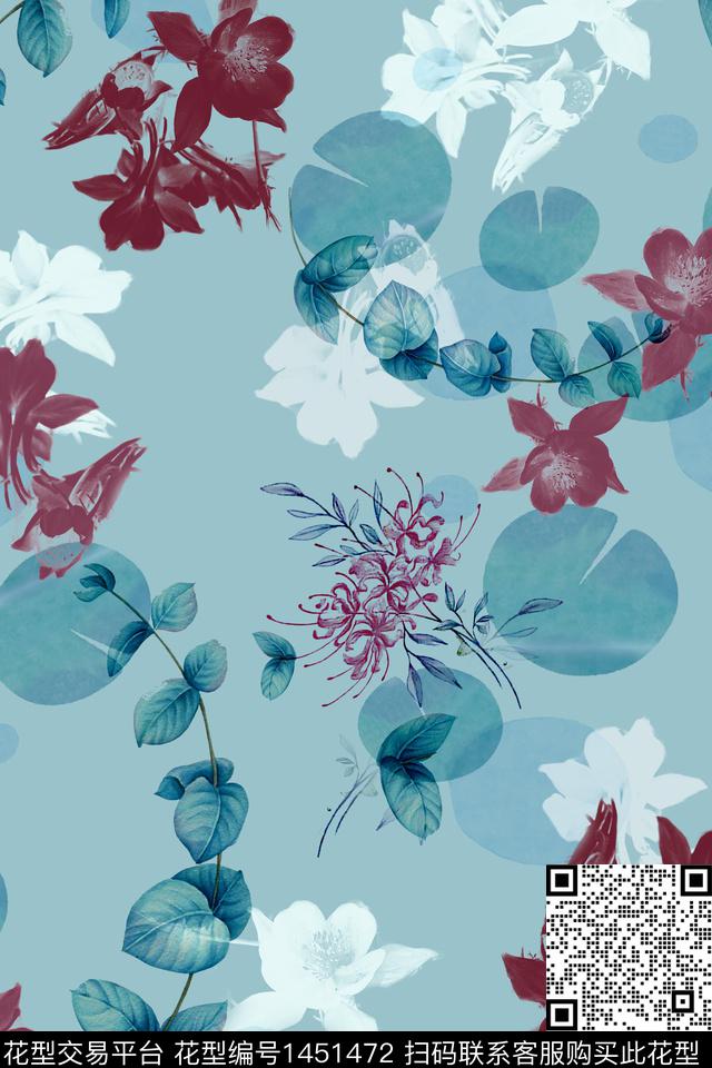 蓝色香云纱清爽数码印花华亿平台下载（图片编号: 1451472） - 瓦栏（Walan）