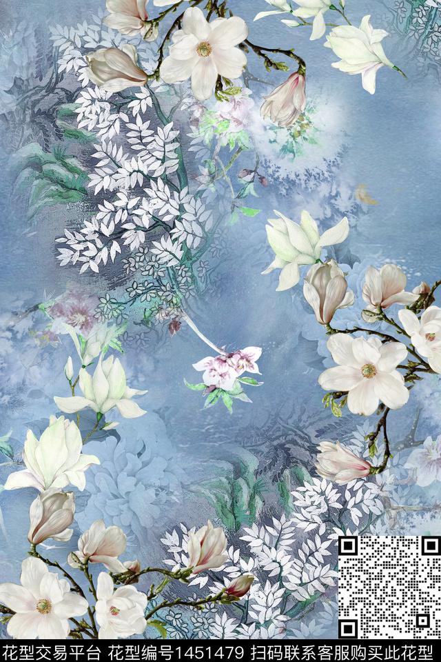 花卉香云纱中国风数码印花华亿平台下载（图片编号: 1451479） - 瓦栏（Walan）