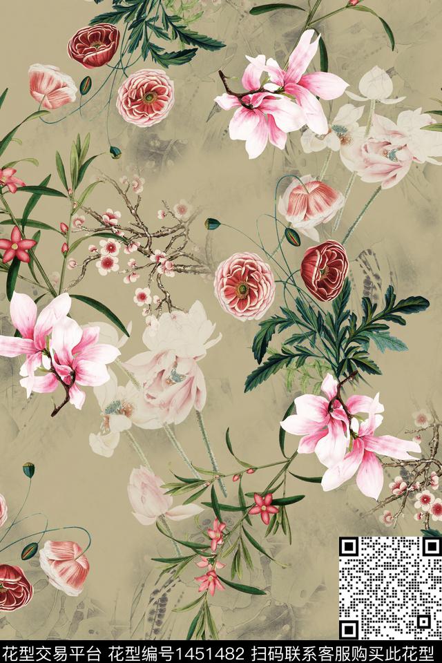花卉香云纱中国风数码印花华亿平台下载（图片编号: 1451482） - 瓦栏（Walan）