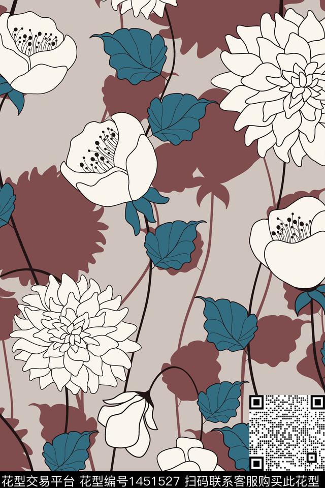 花卉配饰单线花传统印花华亿平台下载（图片编号: 1451527） - 瓦栏（Walan）