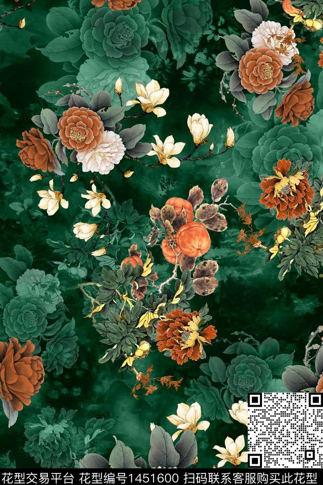 花卉中国风真丝数码印花华亿平台下载（图片编号: 1451600） - 瓦栏（Walan）