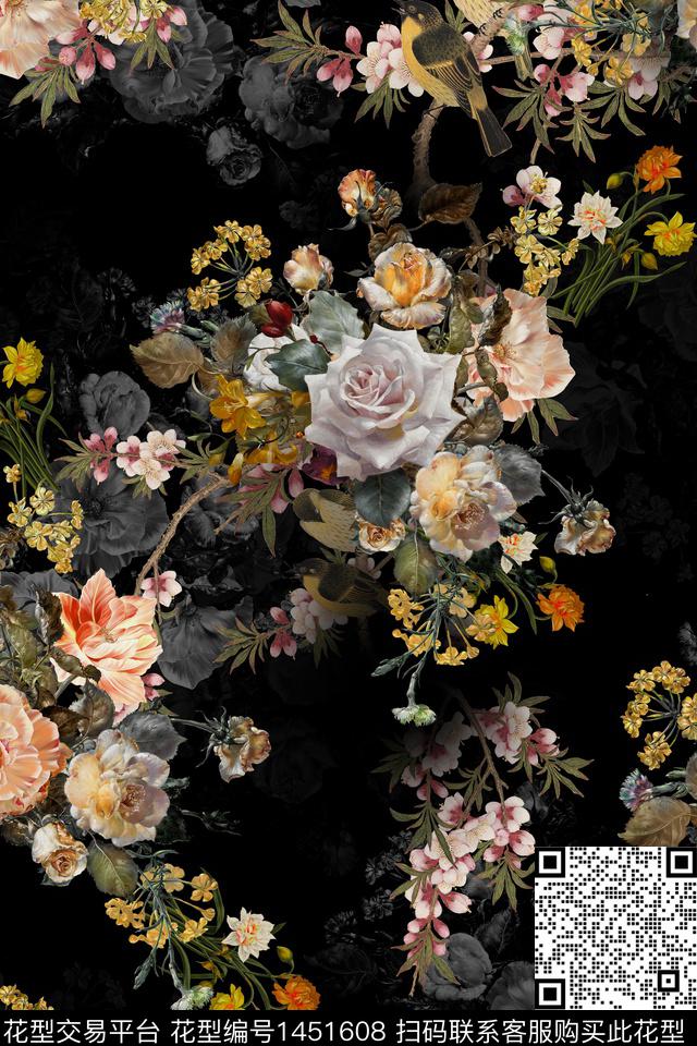 黑底花卉大牌风香云纱数码印花华亿平台下载（图片编号: 1451608） - 瓦栏（Walan）