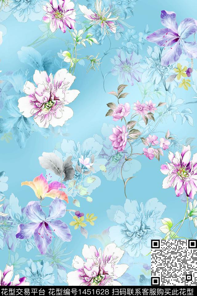 花卉小清新真丝数码印花华亿平台下载（图片编号: 1451628） - 瓦栏（Walan）